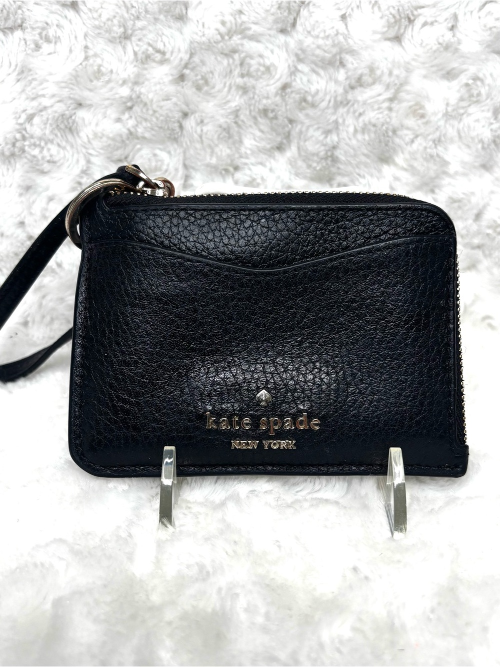kate spade Black Pebbled Leather Wristlet Card Case with Gold Logo